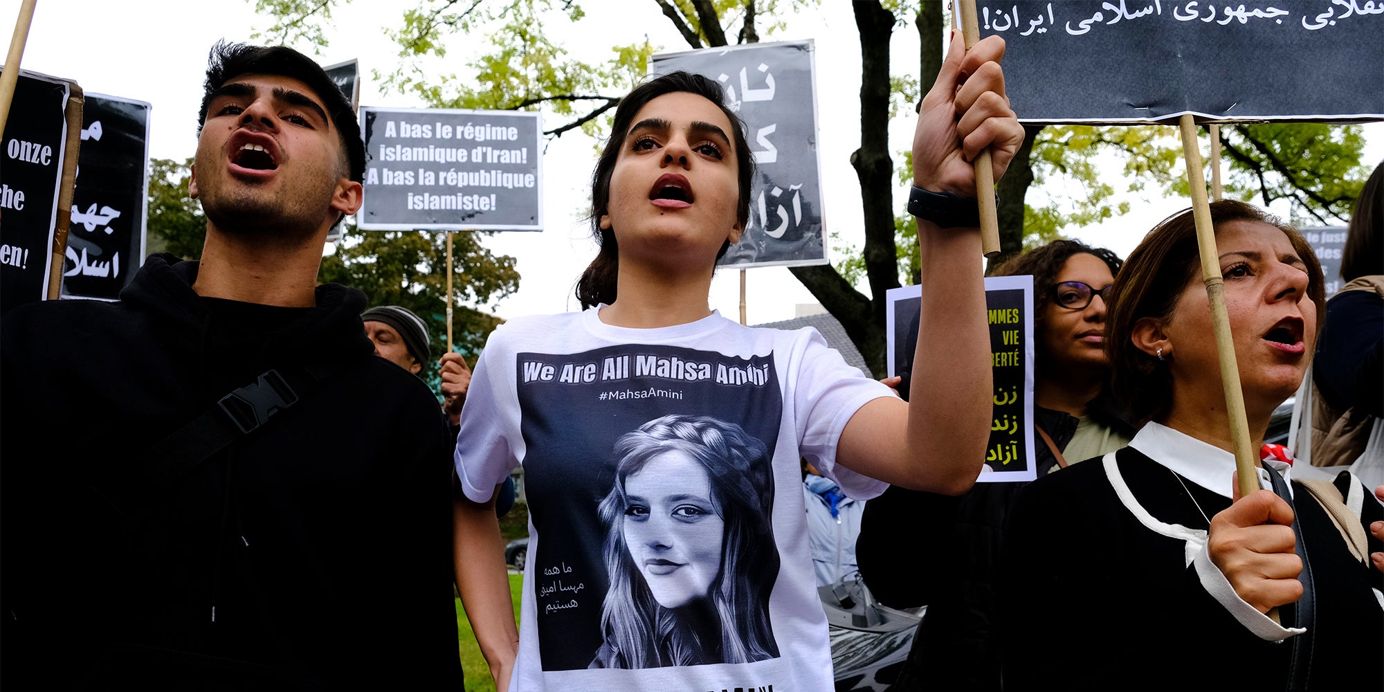 Protestors take part during a demonstration in front of the Iranian embassy in Brussels, Belgium on Sept. 23, 2022, following the death of Mahsa Amini.