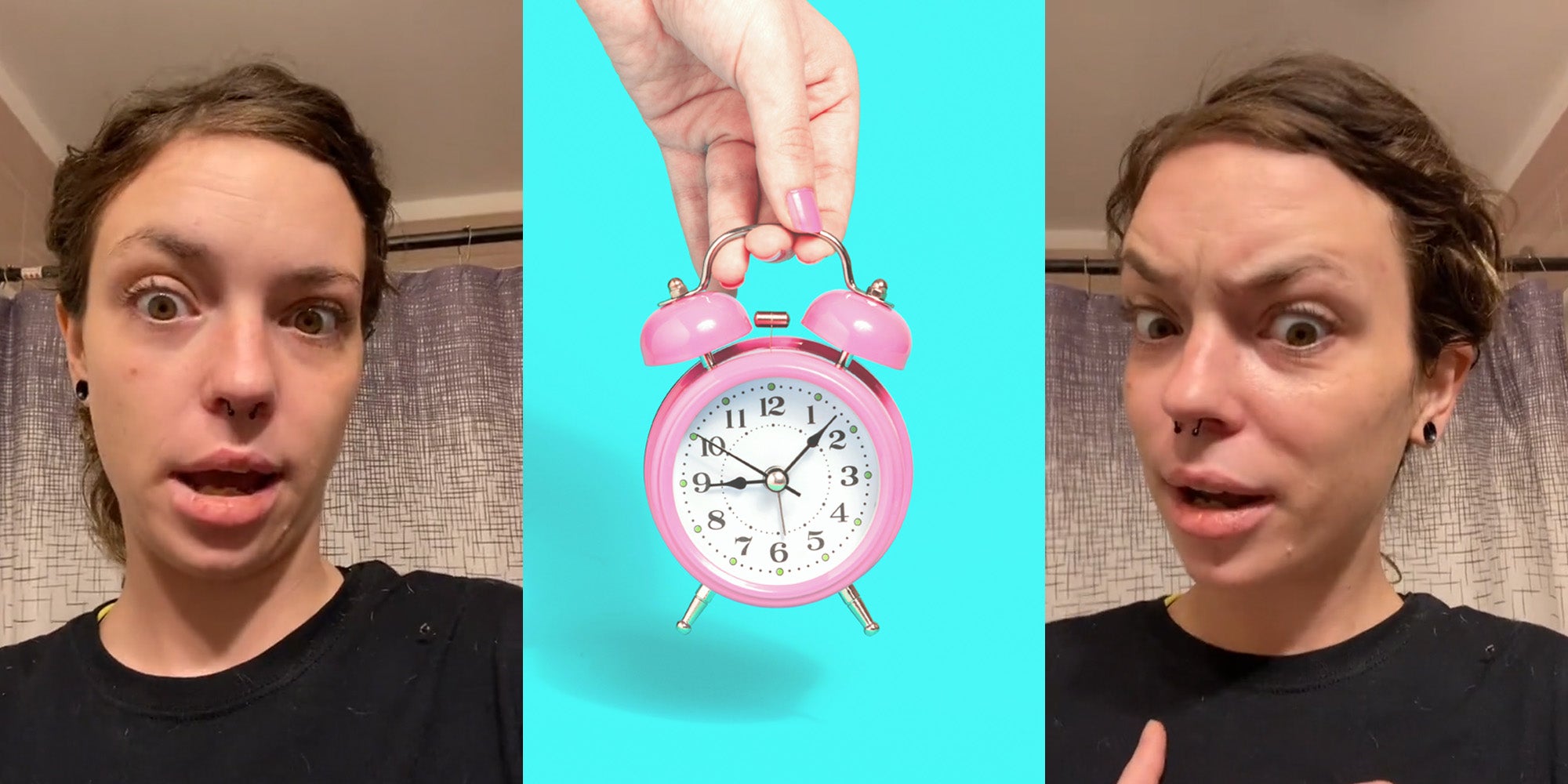 woman speaking in front of shower (l) woman holding pink clock in front of light blue background (c) woman speaking in front of shower (r)