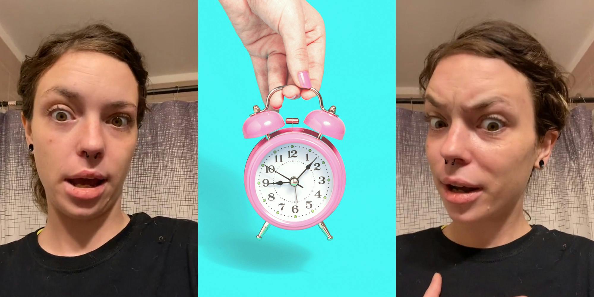 woman speaking in front of shower (l) woman holding pink clock in front of light blue background (c) woman speaking in front of shower (r)