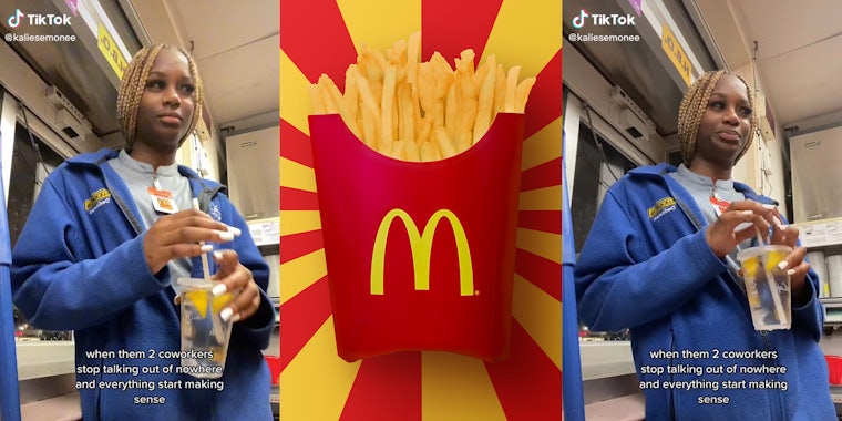 mcdonald's employee with caption 'when them 2 coworkers stop talking out of nowhere and everything start making sense' (l&r) mcdonald's fries (c)