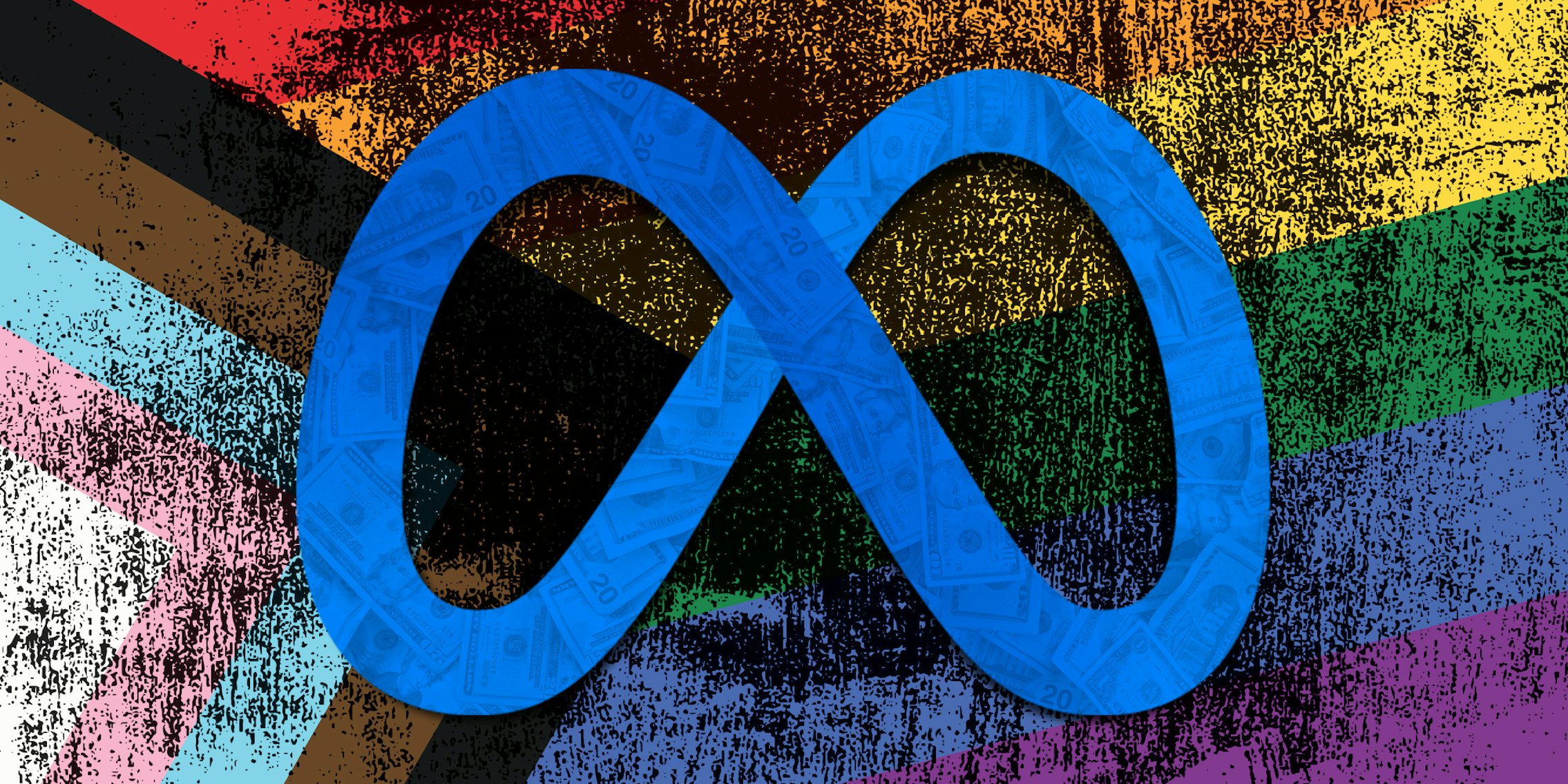 Meta logo with money overlay over tarnished LGBTQ+ flag