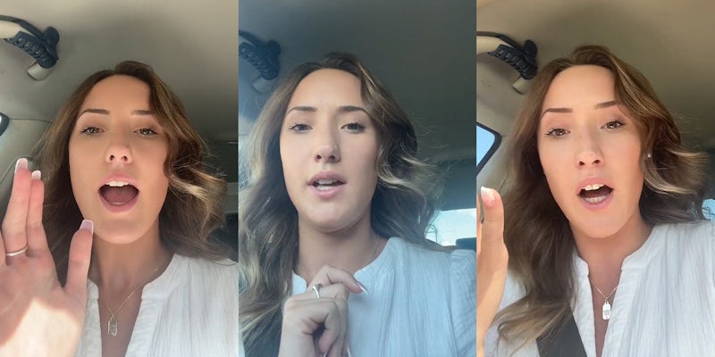 woman speaking in car with hand up (l) woman speaking in car (c) woman speaking in car hand up (r)