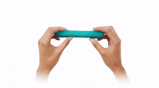 An animated GIF showing two hands bending an aqua Mysteryvibe Poco vibrator in four different positions.