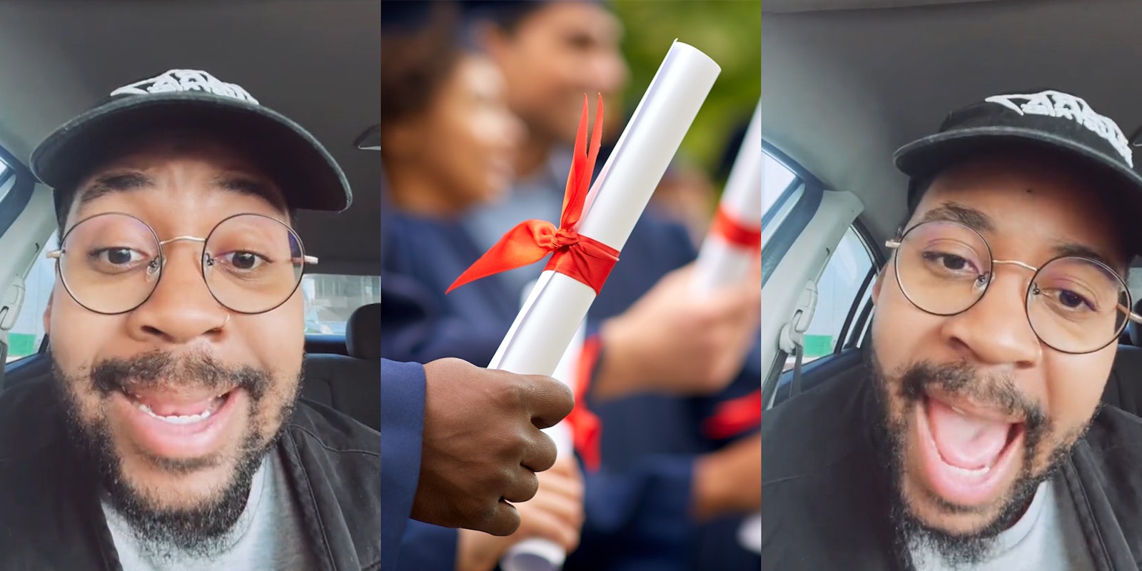 man speaking in car (l)man at graduation holding diploma (c) man speaking in car (r)