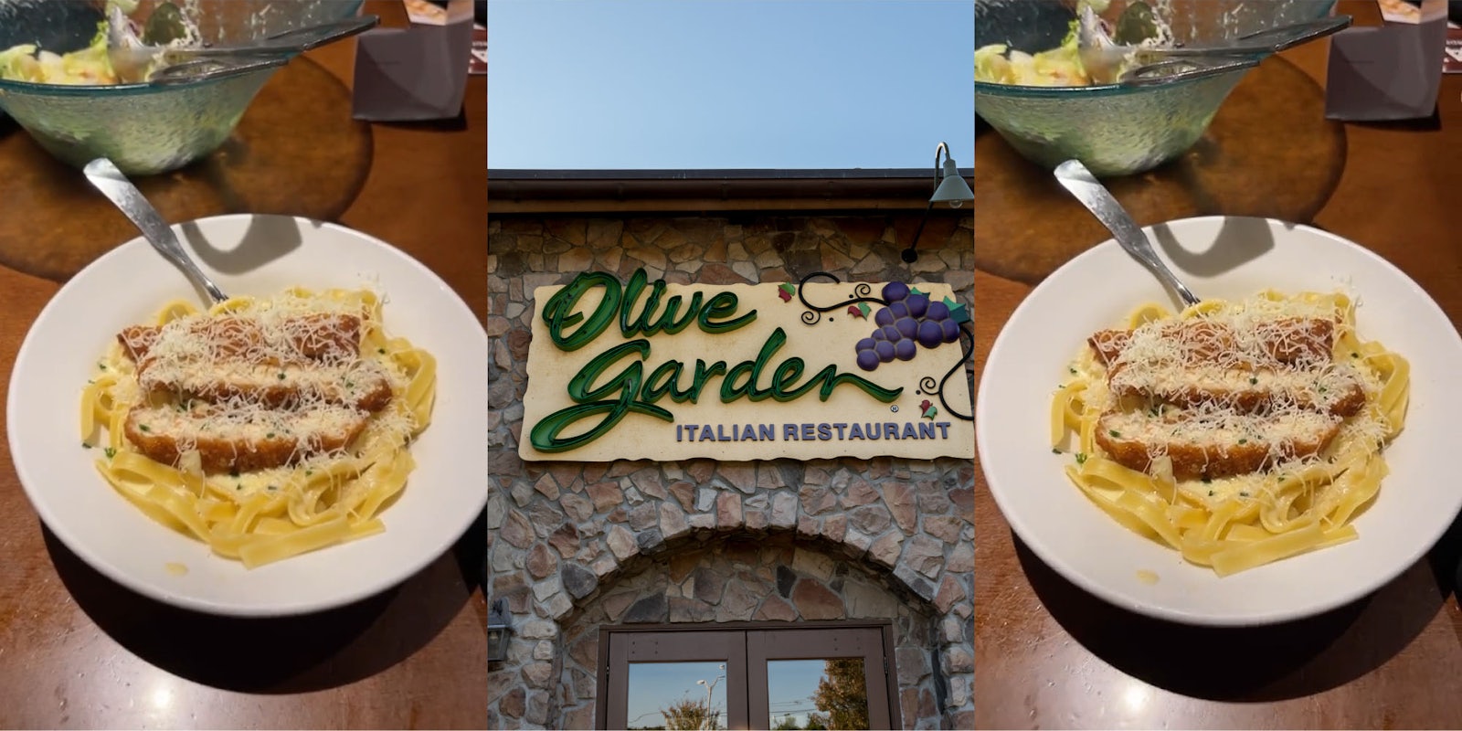 Olive Garden pasta dish on table (l) Olive Garden sign (c) Olive Garden pasta dish on table (r)