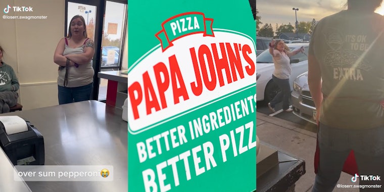 woman at counter (l) papa john's box (c) angry woman stepping off curb while throwing hands in the air (r)