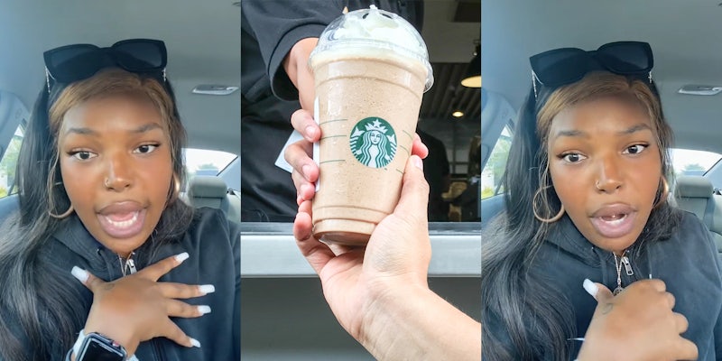woman speaking in car hand on chest (l) Starbucks drive thru window worker handing customer Starbucks drink (c) woman speaking with hand on chest (r)