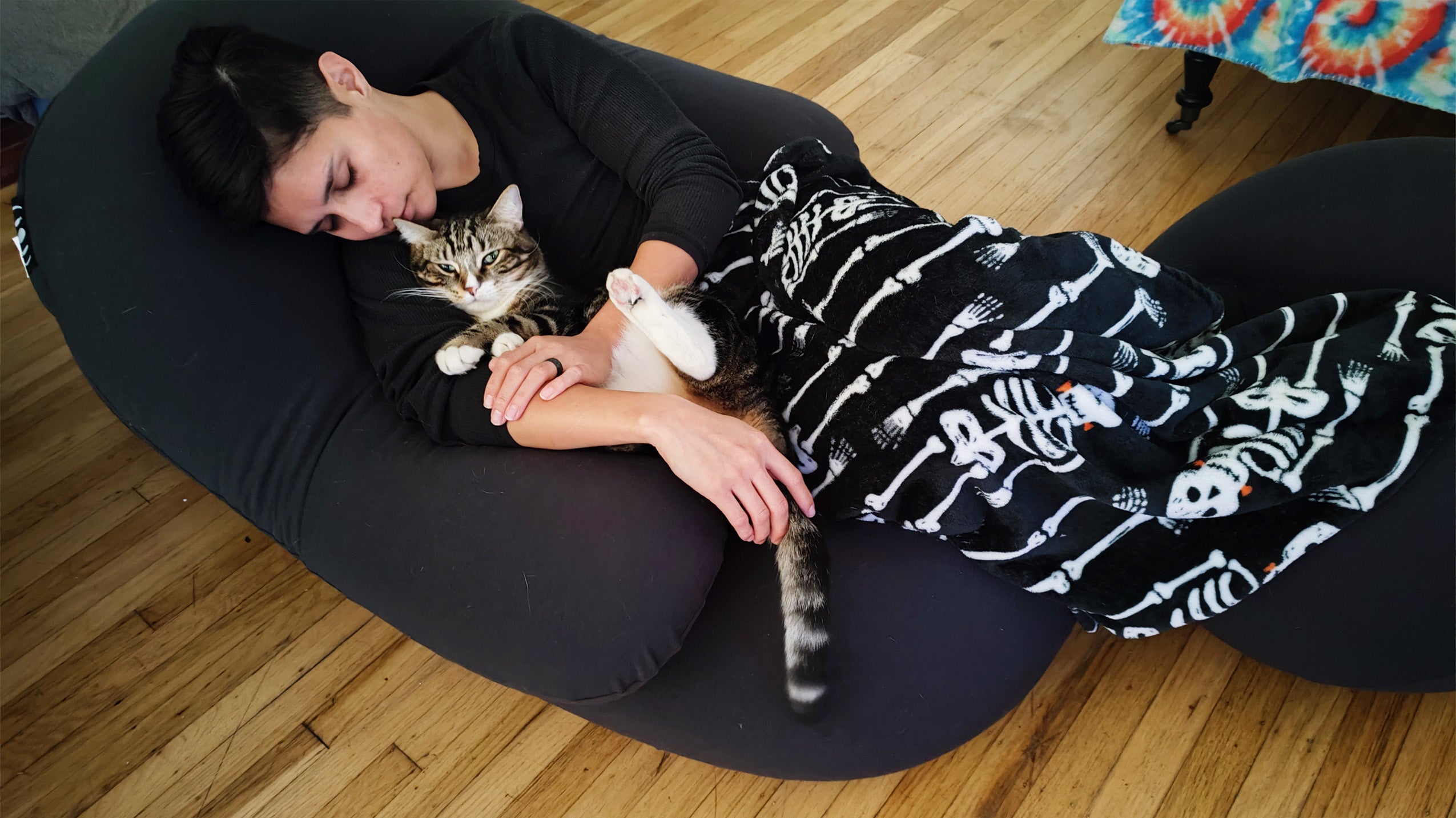 Person snuggling with a cat on a Moon Pod.