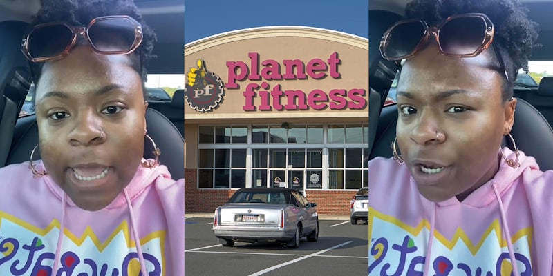 woman speaking in car (l) Planet Fitness building with sign and parking lot (c) woman speaking in car (r)