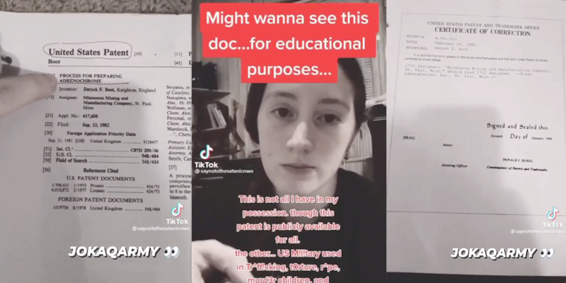 A 3 tile image of a TikTok video concerning a patent for Adrenochrome