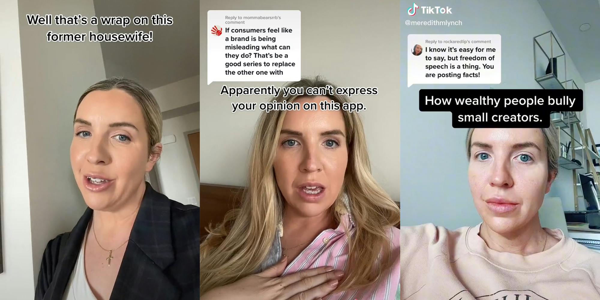 woman with caption "well that's a wrap on this former housewife!" (l) "apparently you can't express your opinion on this app" (c) "How wealthy people bully small creators" (r)