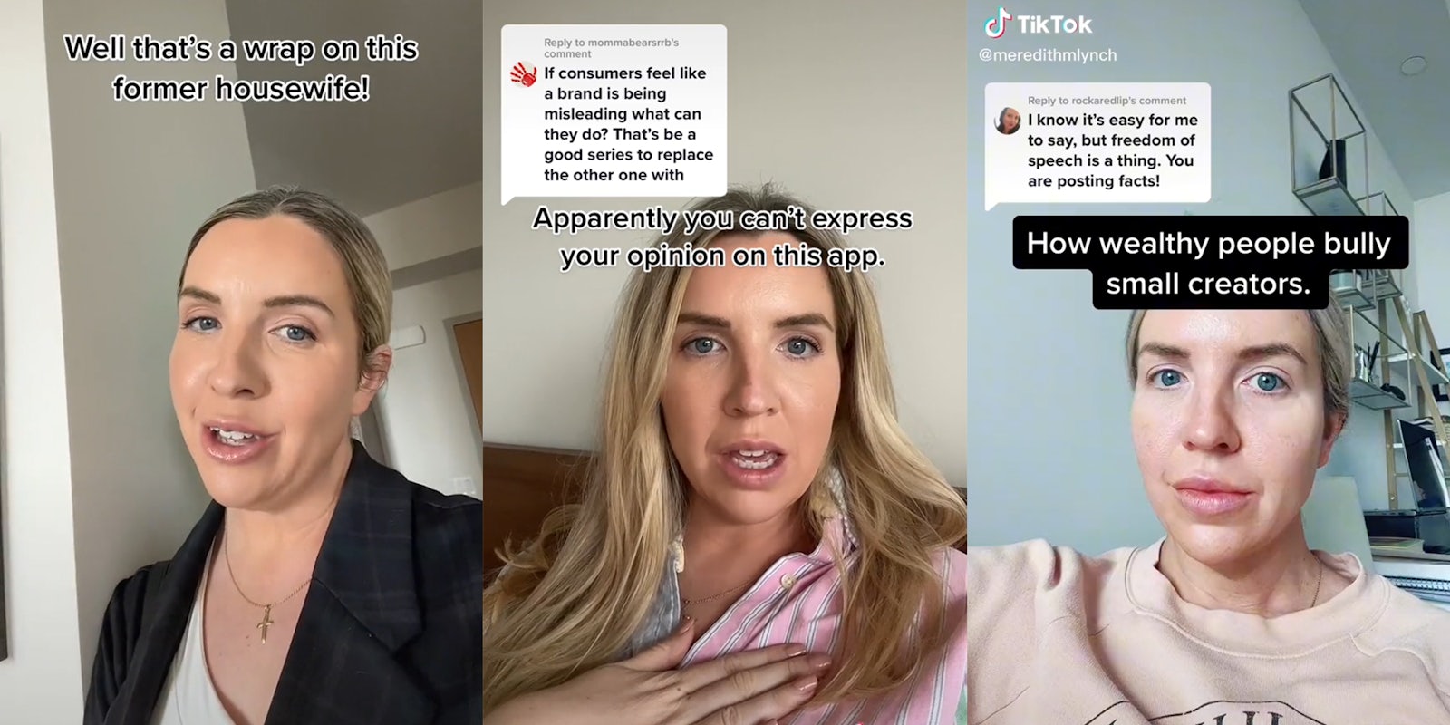 woman with caption 'well that's a wrap on this former housewife!' (l) 'apparently you can't express your opinion on this app' (c) 'How wealthy people bully small creators' (r)