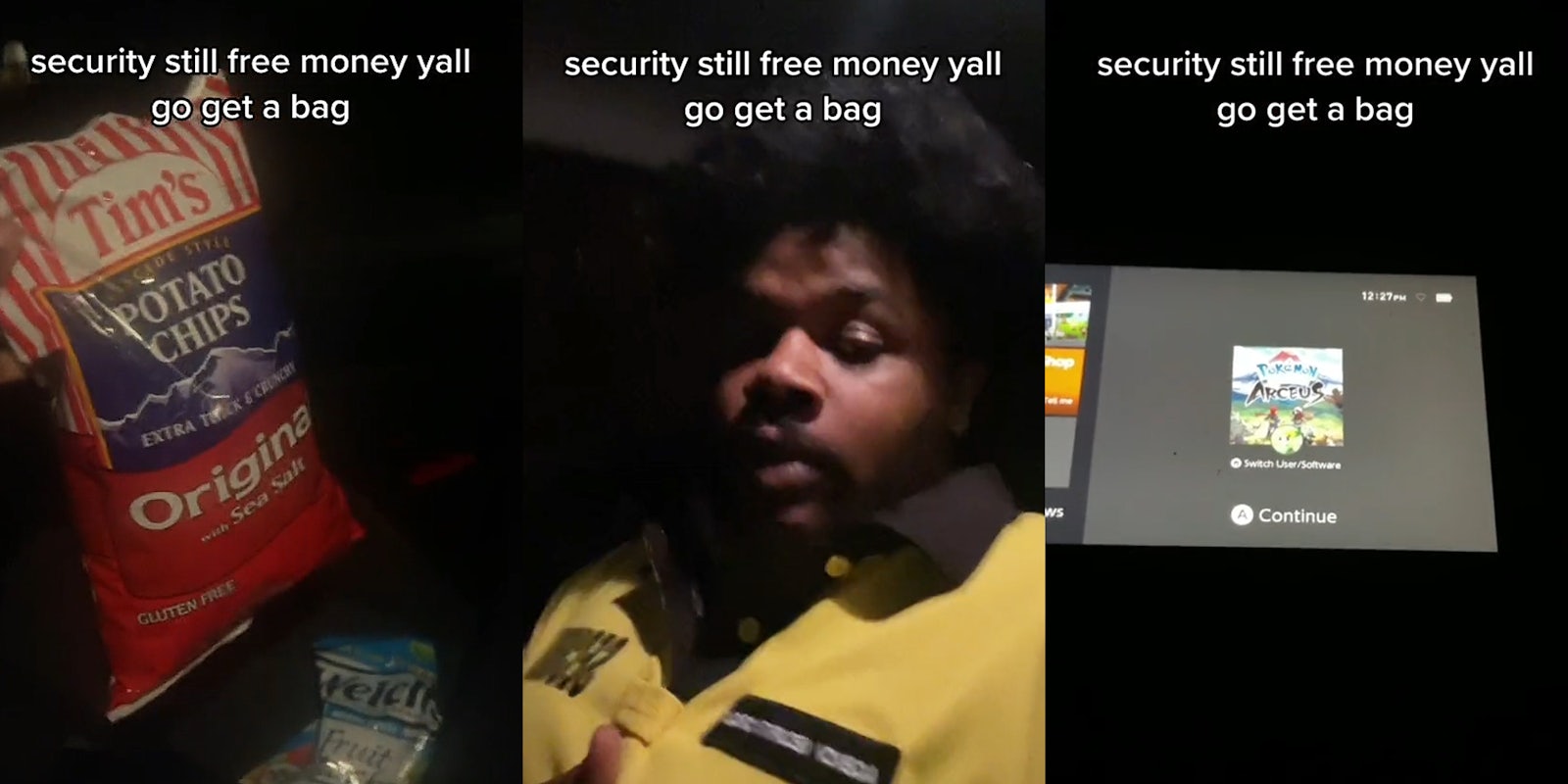 man in car holding chips and fruit snacks caption 'security still free money yall go get a bag' (l) Man speaking in car caption 'security still free money yall go get a bag'(c) man playing Nintendo Switch in car caption 'security still free money yall go get a bag'(r)