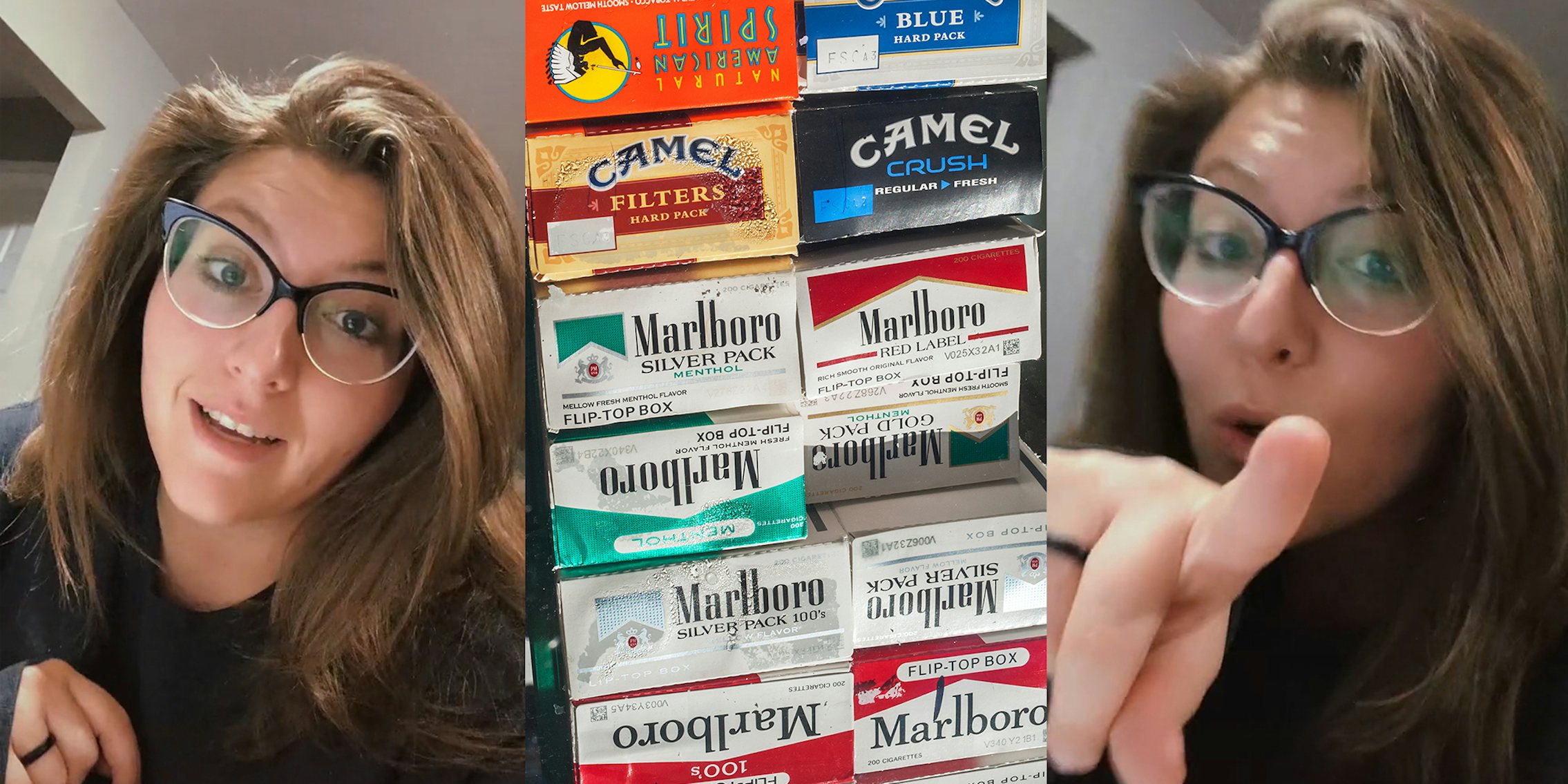 woman (l&r) cigarettes (c)