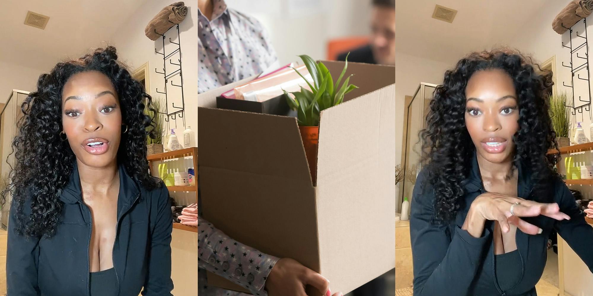 woman speaking (l) woman holding box of office items (c) woman speaking hand out (r)