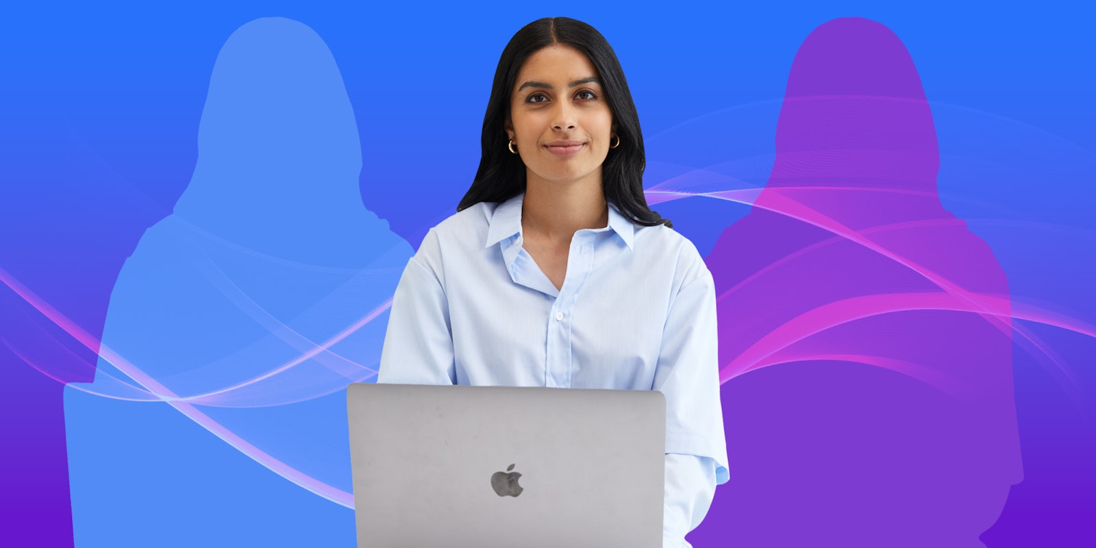 Simran Kaur with laptop in front of blue to purple vertical gradient background Passionfruit Remix