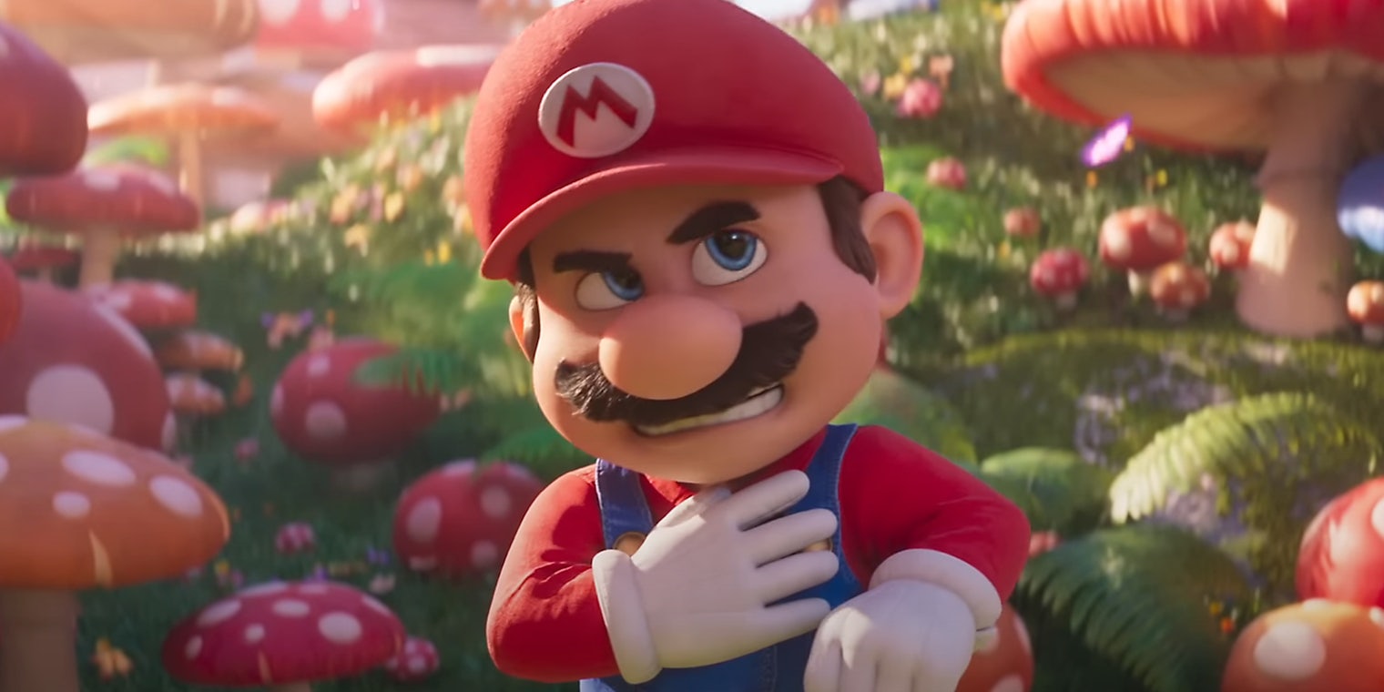 Mario in front of mushroom background