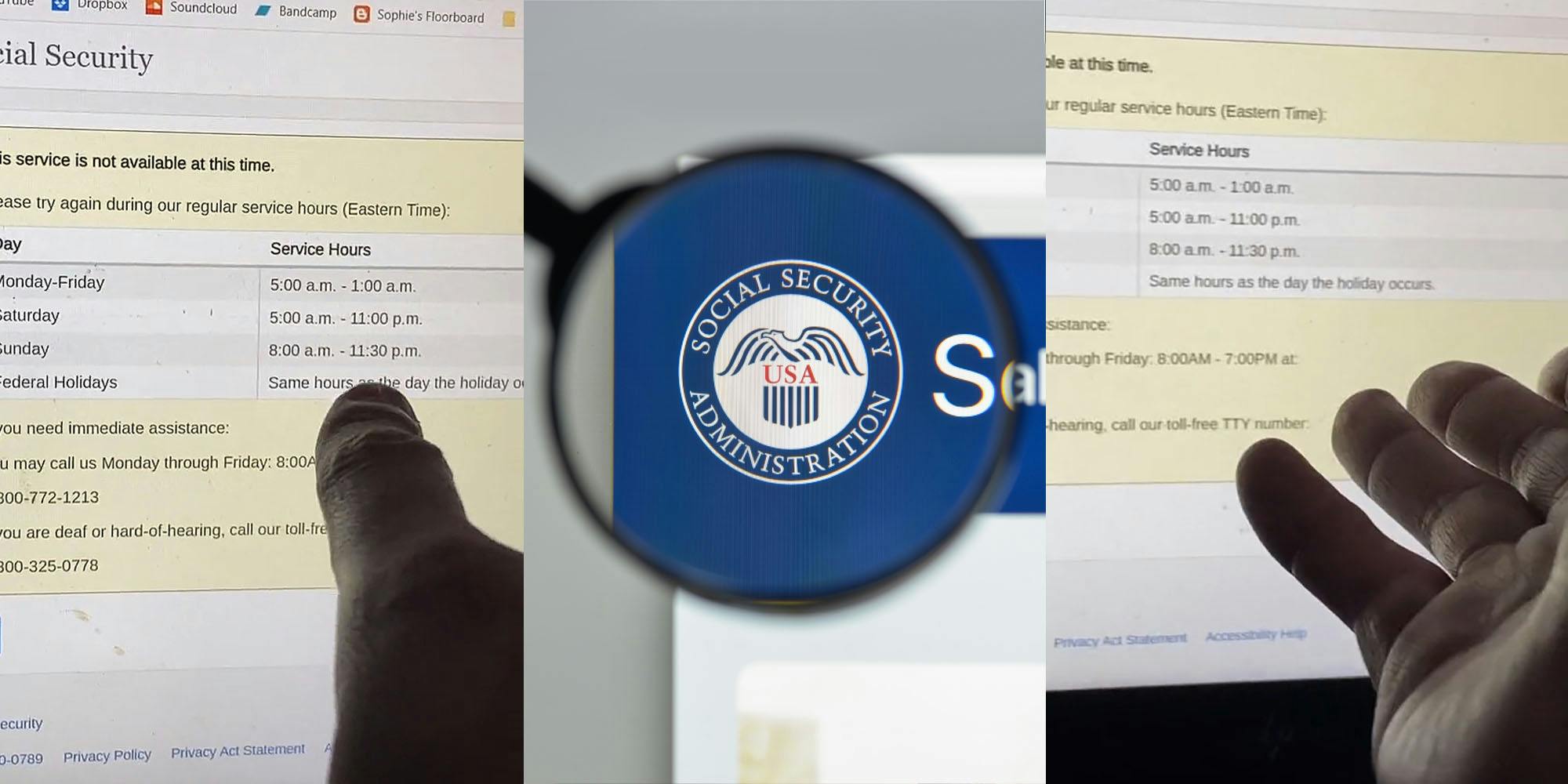 man pointing to computer screen at Social Security website displaying "Service Hours" (l) Social Security Administration logo in magnifying glass lens (c) man hand out towards computer screen displaying "Service Hours" (r)