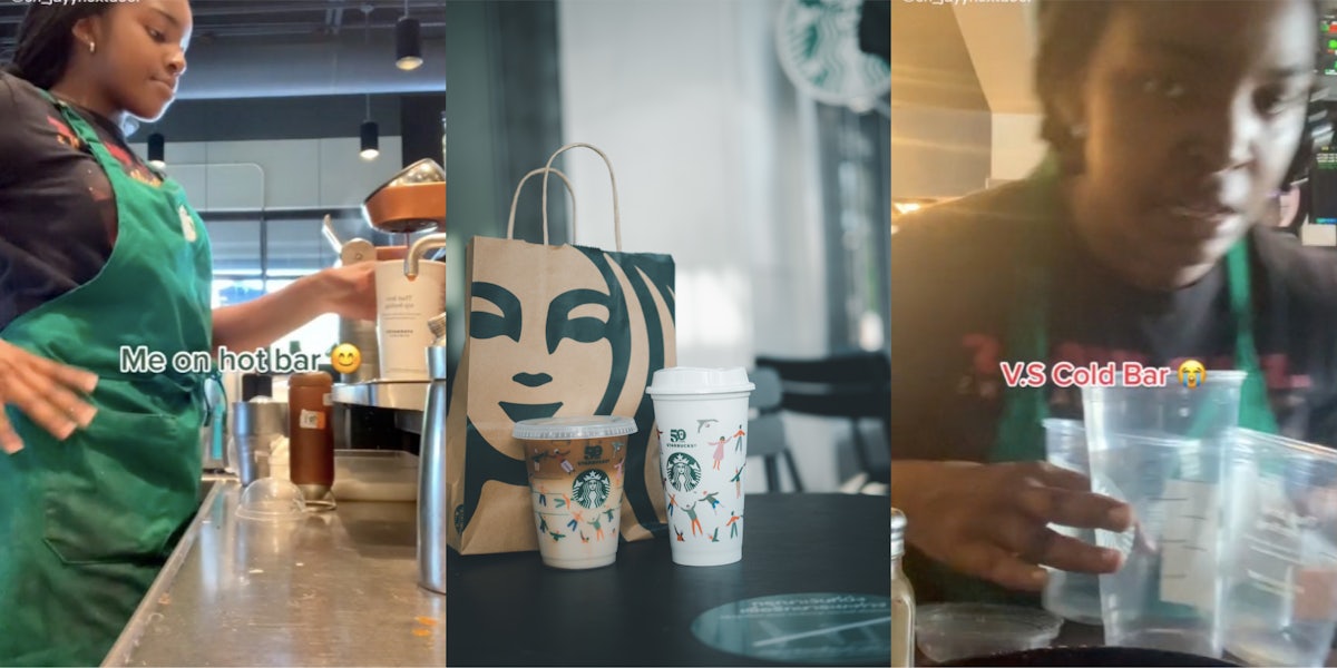 starbucks employee shows difference between making a hot and cold drink tiktok
