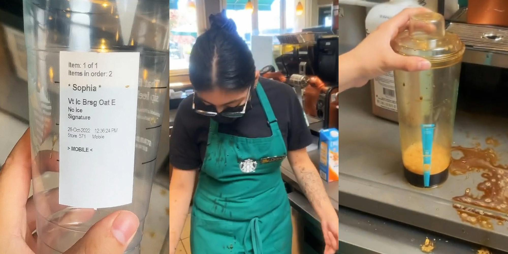 Starbucks order label on clear cup "Vt Ic Brsg Oat E. No Ice Signature" (l) Starbucks barista covered in espresso (c) Starbucks barista with hand on coffee shaker with coffee spilled on counter (r)
