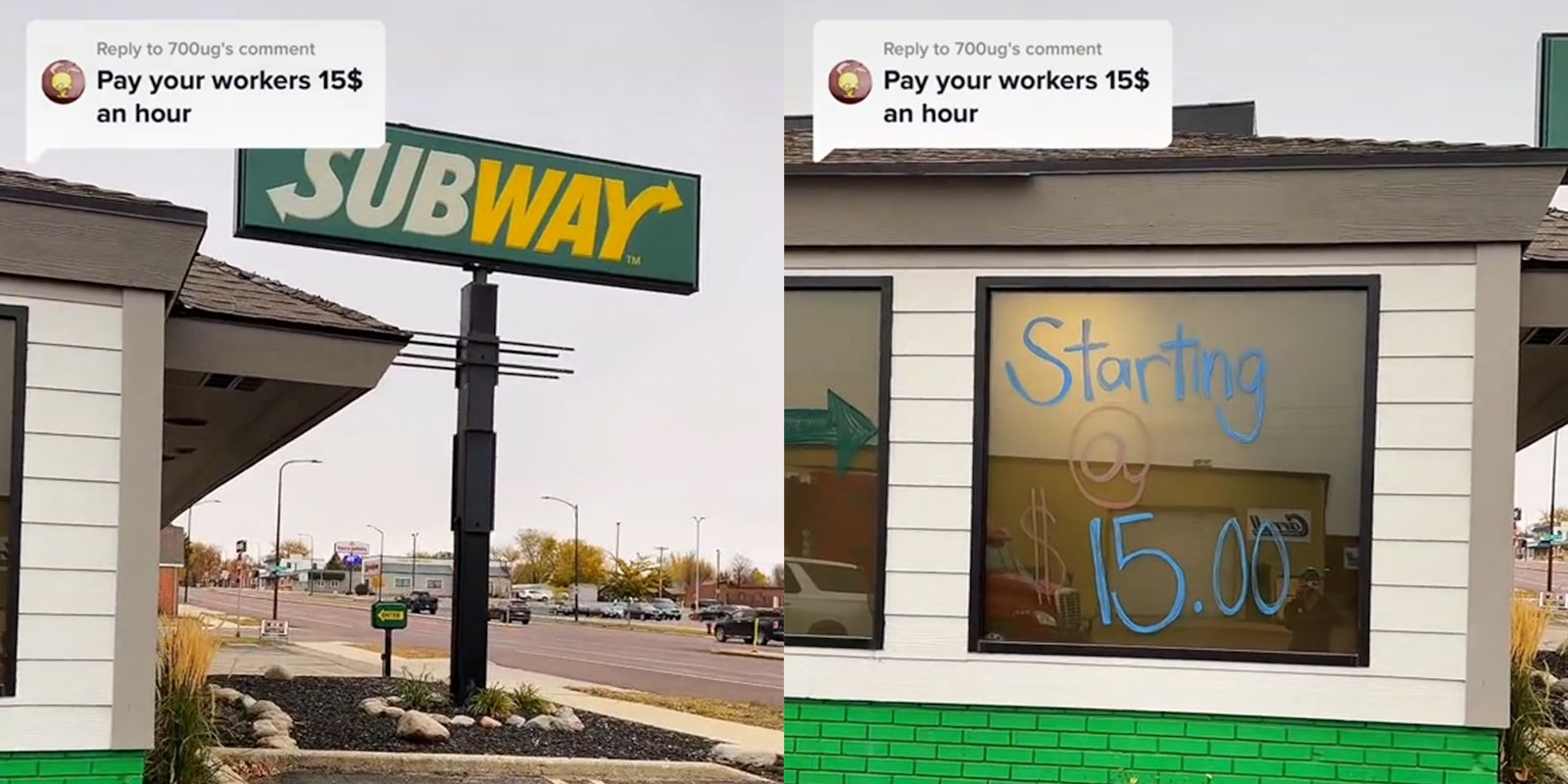 Subway with caption 'Pay your workers 15$ an hour' (l) subway window painted with 'Starting @ $15.00' (r)