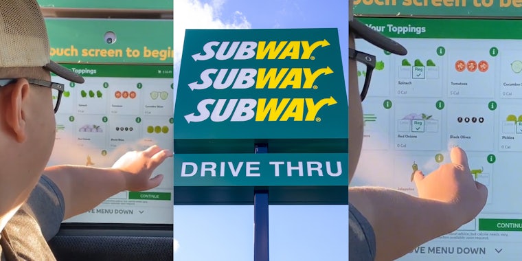 man using subway drive thru video screen (l&r) subway drive thru sign (c)