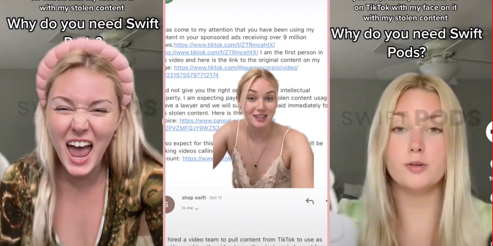 content creator calls out airpods max dupe brand swift pods for stealing her content, shows screenshot of email sent to the brand requesting money for the use of her video
