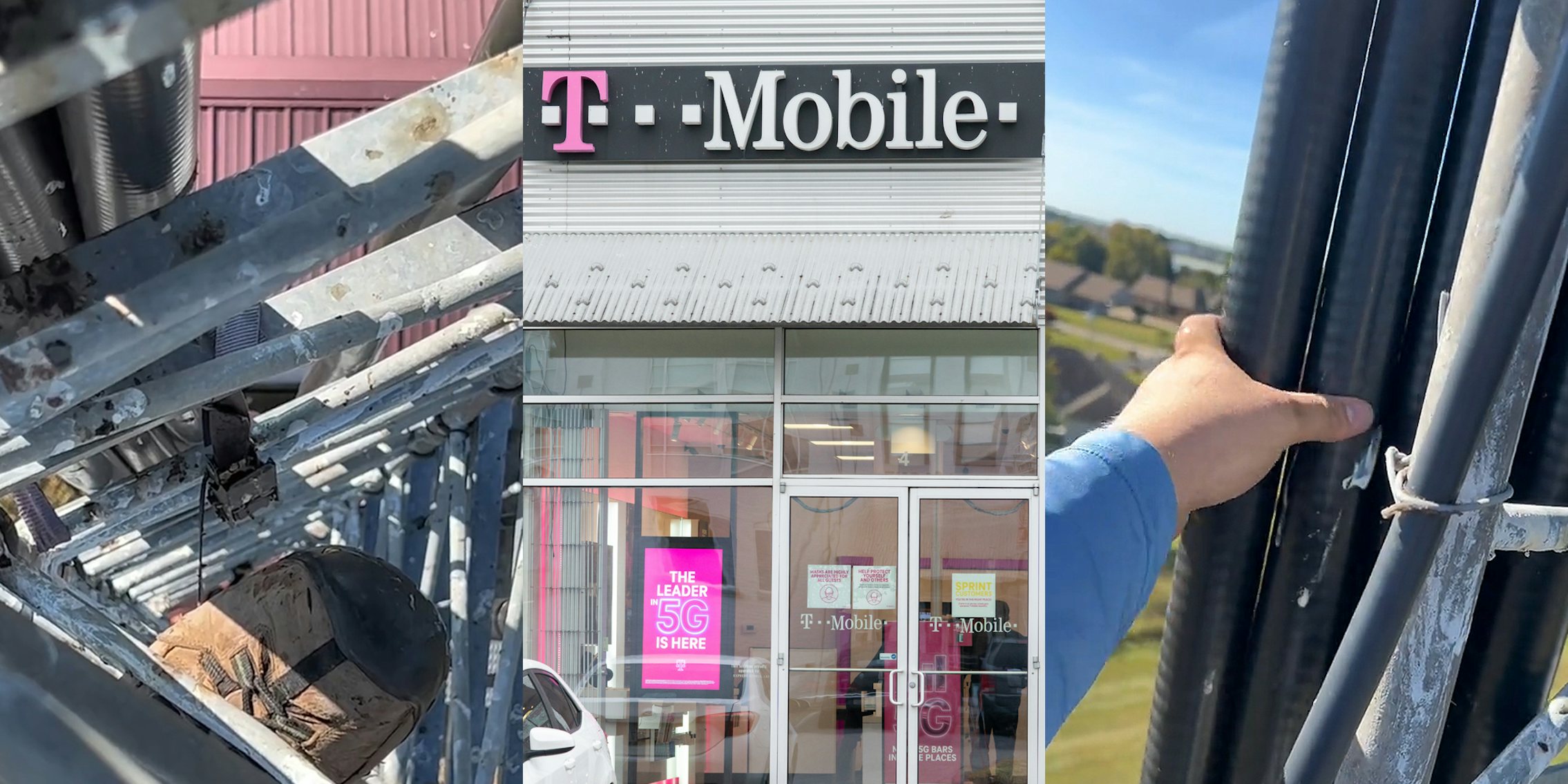 T Mobile 5G tower with ratchet strap supporting older 3G cabling to tower (l) T-Mobile sign on building (c) man holding T Mobile tower cabling (r)