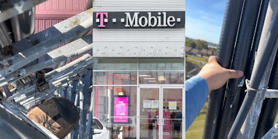 T Mobile 5G tower with ratchet strap supporting older 3G cabling to tower (l) T-Mobile sign on building (c) man holding T Mobile tower cabling (r)