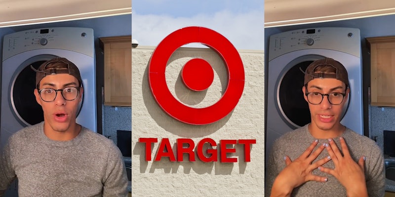 man speaking in front of dryer (l) Target sign on building (c) man speaking hands on chest in front of dryer (r)