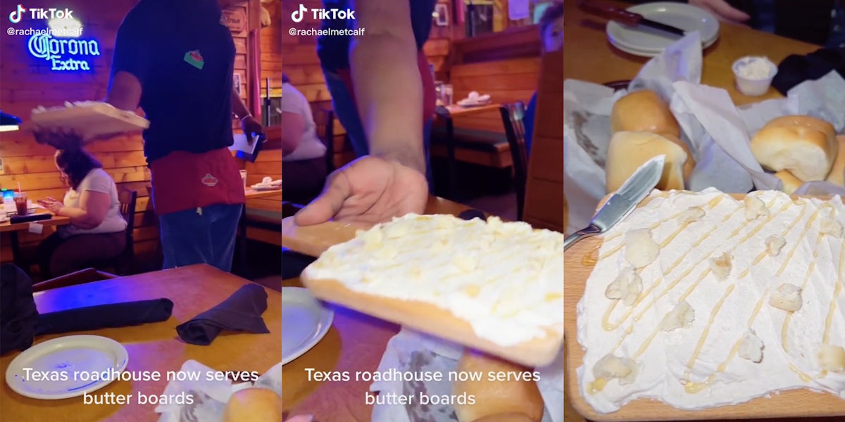 texas roadhouse employee bringing butter board to table