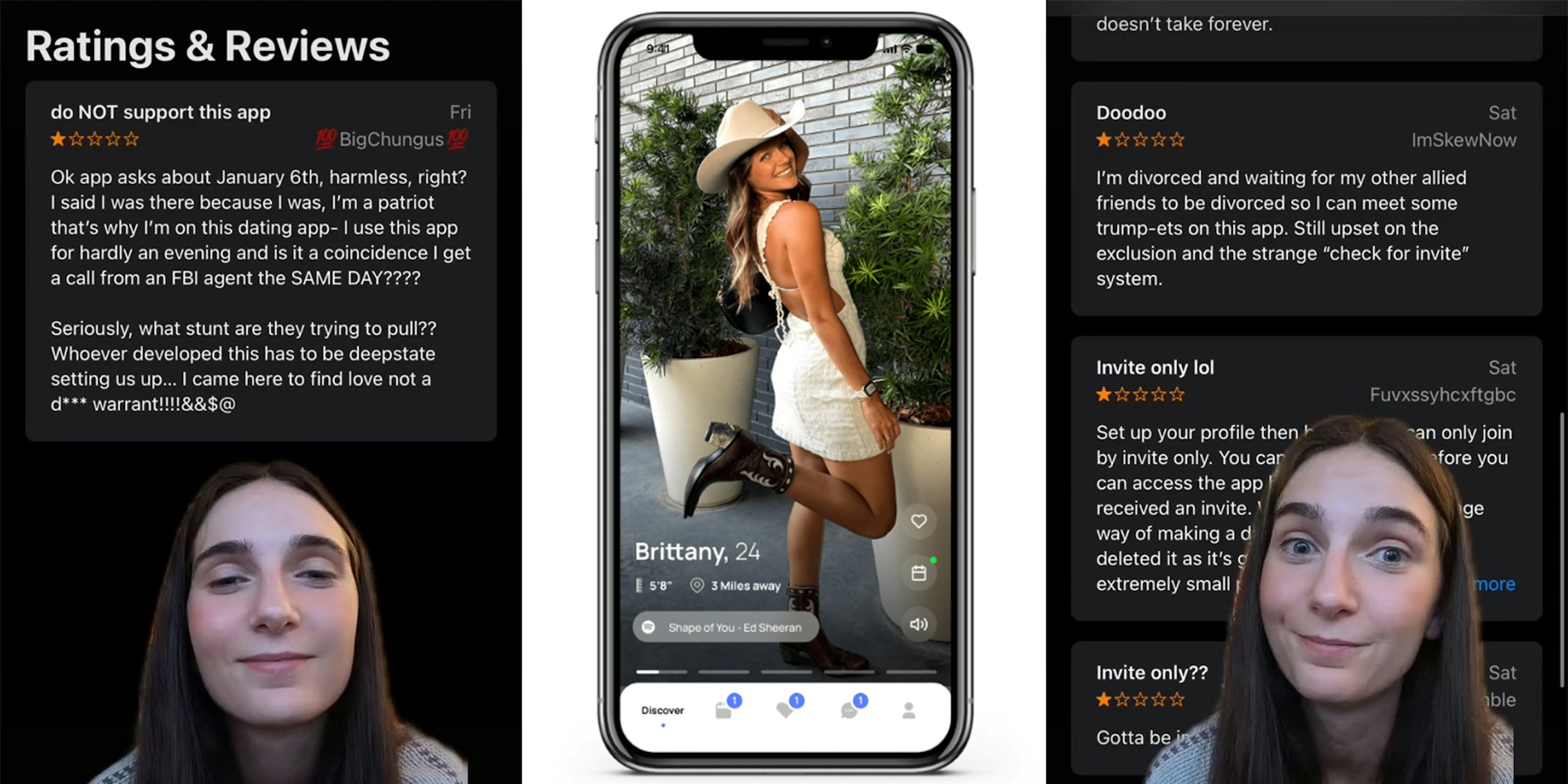 woman with 'ratings & reviews' of The Right Stuff dating app (l&r) The Right Stuff dating app with woman in cowboy hat and boots (c)