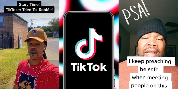 man speaking outside caption 'Story Time! TikToker Tried To RobMe' (l) TikTok logo on phone screen in front of TikTok pattern background (c) man speaking caption 'I keep preaching be safe when meeting people on this' 'PSA' (r)