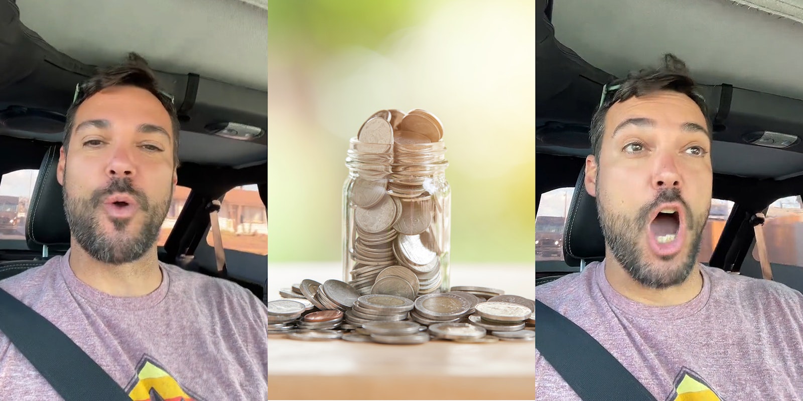 man speaking in car (l) coins inside of glass jar and on top of table (c) man speaking in car (r)