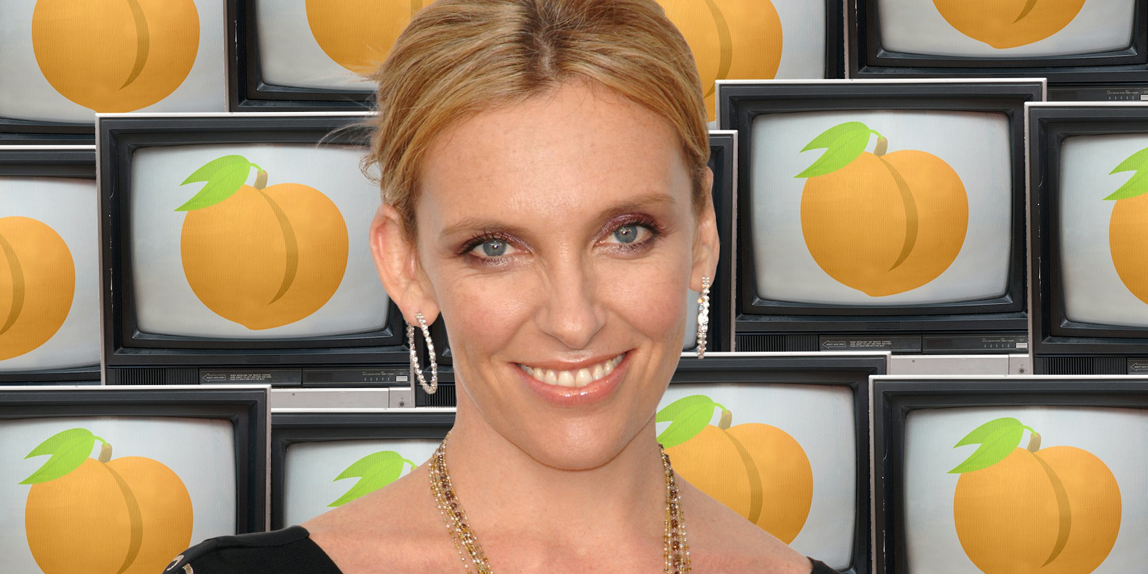 Toni Collette over background of televisions with emoji peaches on screen