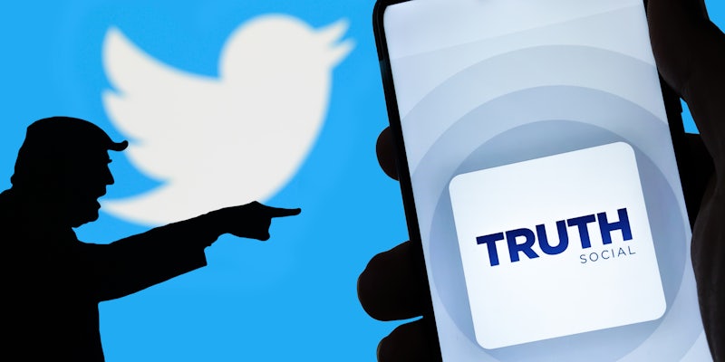 Trump silhouette pointing to hand holding phone with Truth Social on screen in front of blurred Twitter logo background