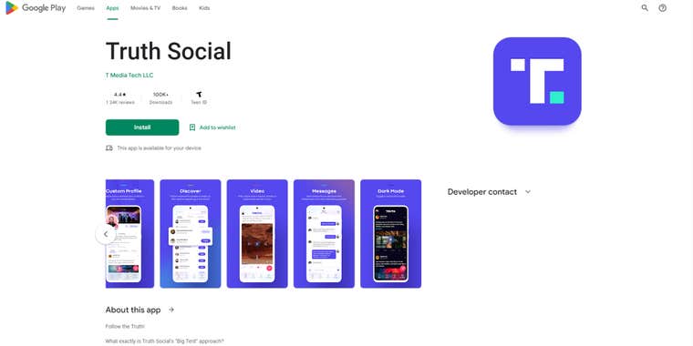 Truth Social listing on Google Play