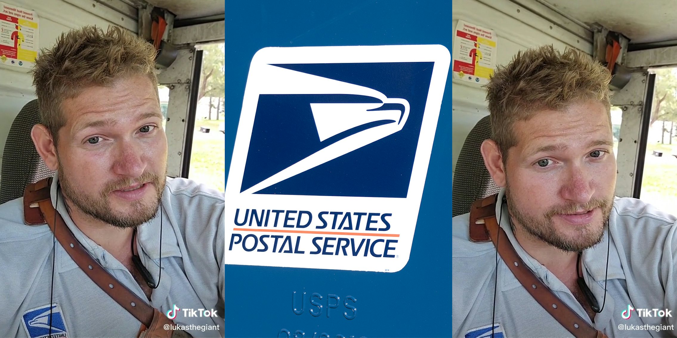 postal worker (l&r) post office box with USPS logo (c)