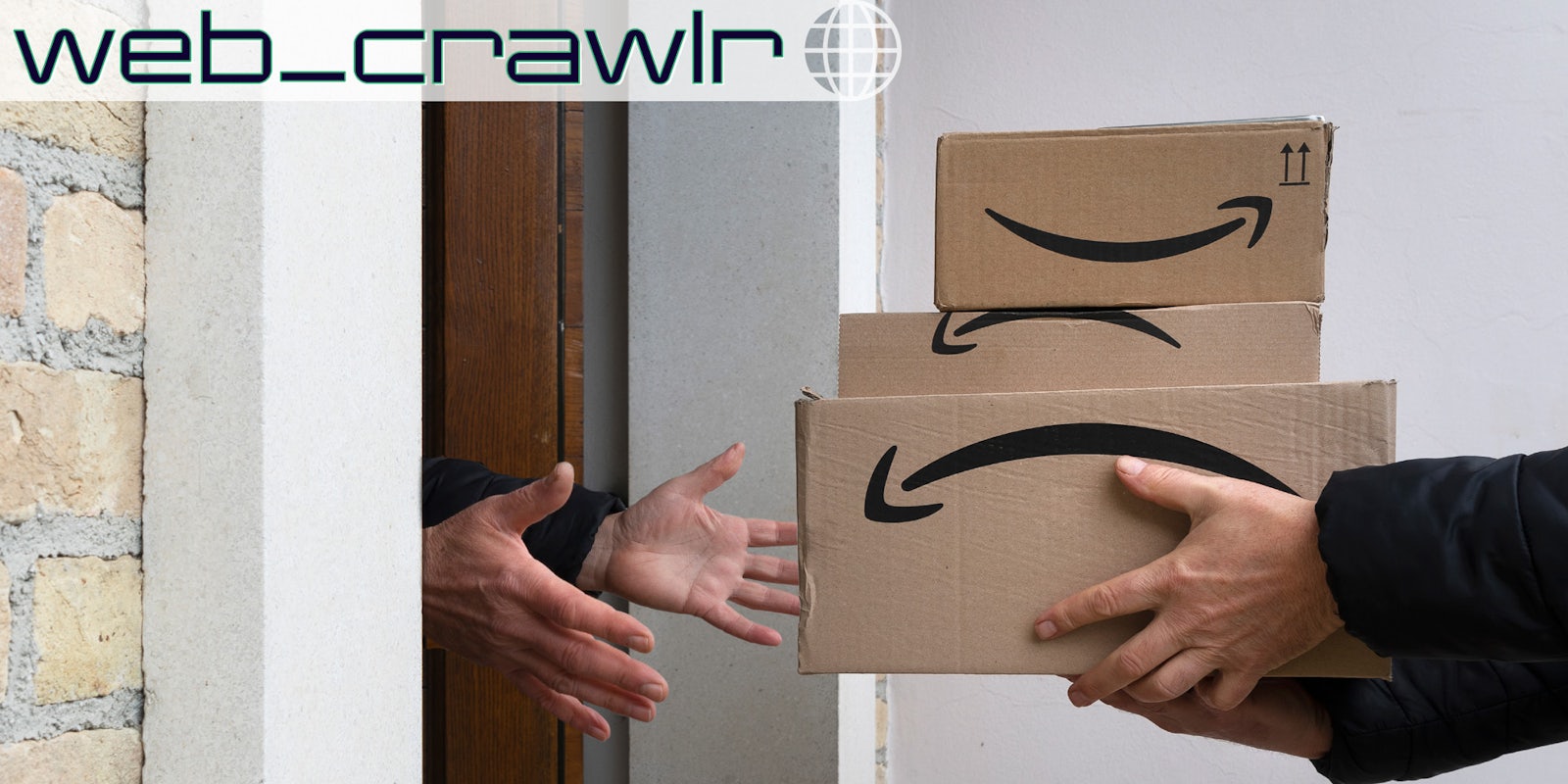 A person handing Amazon packages to a customer. The Daily Dot newsletter web_crawlr logo is in the top left corner.