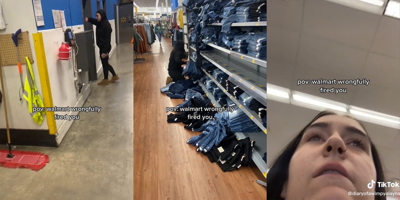 young woman walking through walmart knocking over jeans with caption 'pov: walmart wrongfully fired you'