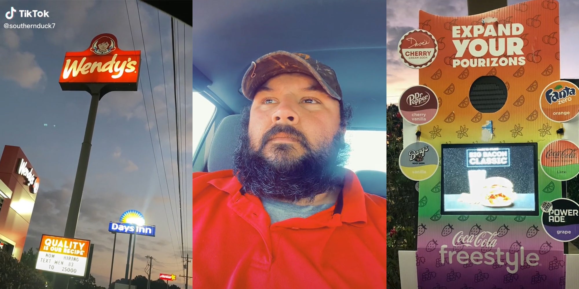 wendy's sign (l) man in vehicle (c) wendy's drive thru (r)