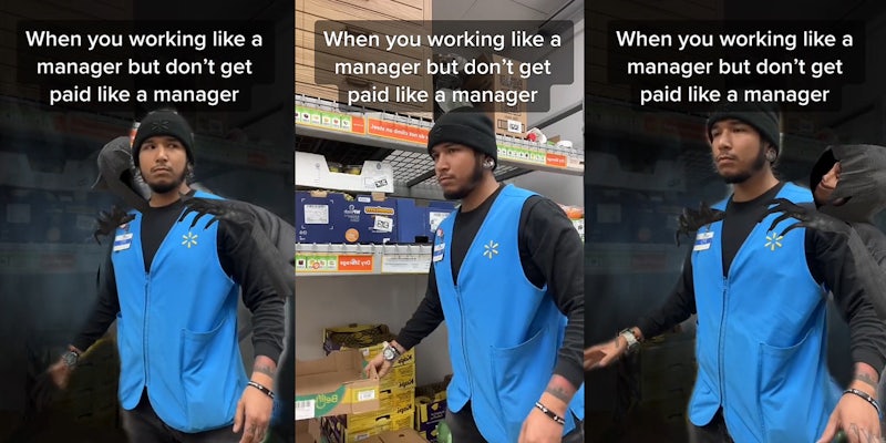 Walmart employee standing with dark robed figure grabbing his shoulders caption 'When you working like a manager but don't get paid like a manager' (l) Walmart employee holding cardboard box caption 'When you working like a manager but don't get paid like a manager' (c) Walmart employee standing with dark hooded figure grabbing his shoulders caption 'When you working like a manager but don't get paid like a manager' (r)