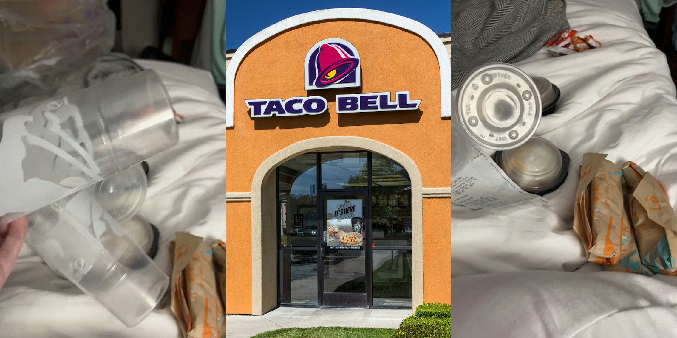 empty Taco Bell cups in hand next to food on bed (l) Taco Bell building with sign (c) Taco Bell DoorDash delivery on bed (r)