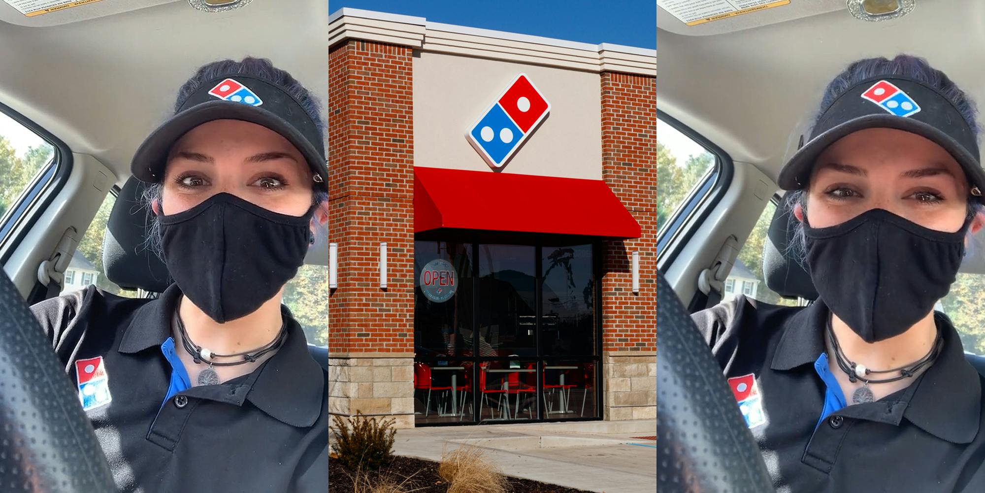 Domino's employee in car speaking in mask (l) Domino's logo sign on restaurant (c) Domino's employee speaking in car with mask on (r)