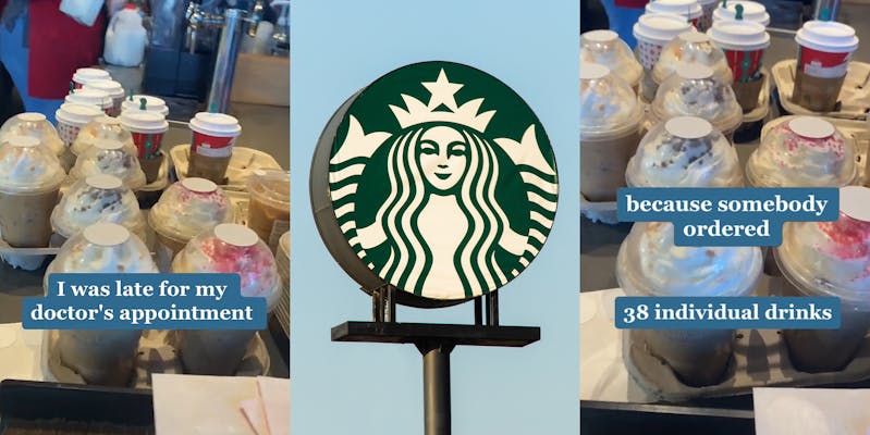 Starbucks drinks in carriers on counter caption "I was late for my doctor's appointment" (l) Starbucks sign with blue sky (c) Starbucks drinks in carriers on counter caption "because somebody ordered 38 individual drinks" (r)