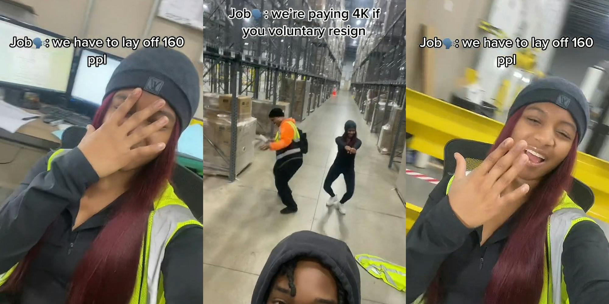 worker with hand on face caption "Job: we have to lay off 160 ppl" (l) workers dancing caption "Job: we're paying 4k if you voluntary resign" (c) worker with hand up to face caption "Job: we have to lay off 160 ppl" (r)