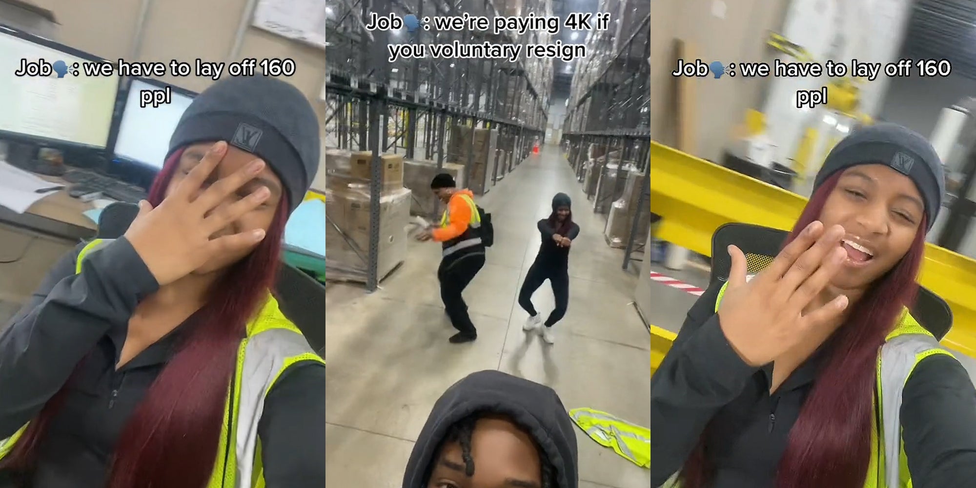 worker with hand on face caption "Job: we have to lay off 160 ppl" (l) workers dancing caption "Job: we're paying 4k if you voluntary resign" (c) worker with hand up to face caption "Job: we have to lay off 160 ppl" (r)