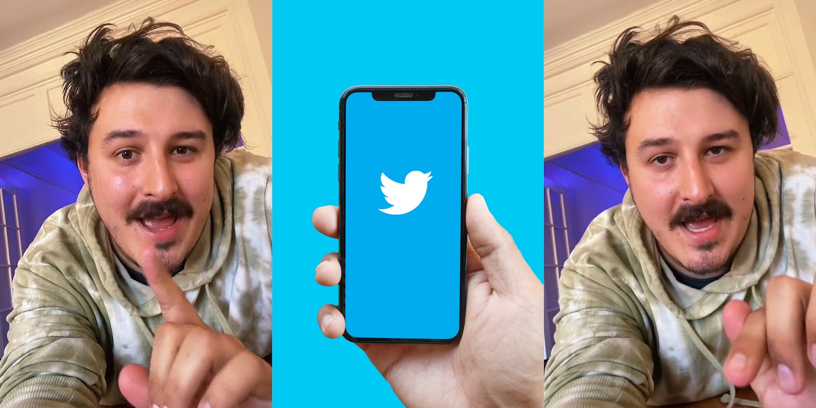 man speaking with finger up (l) hand holding phone with Twitter on screen over blue background (c) man speaking with finger out (r)