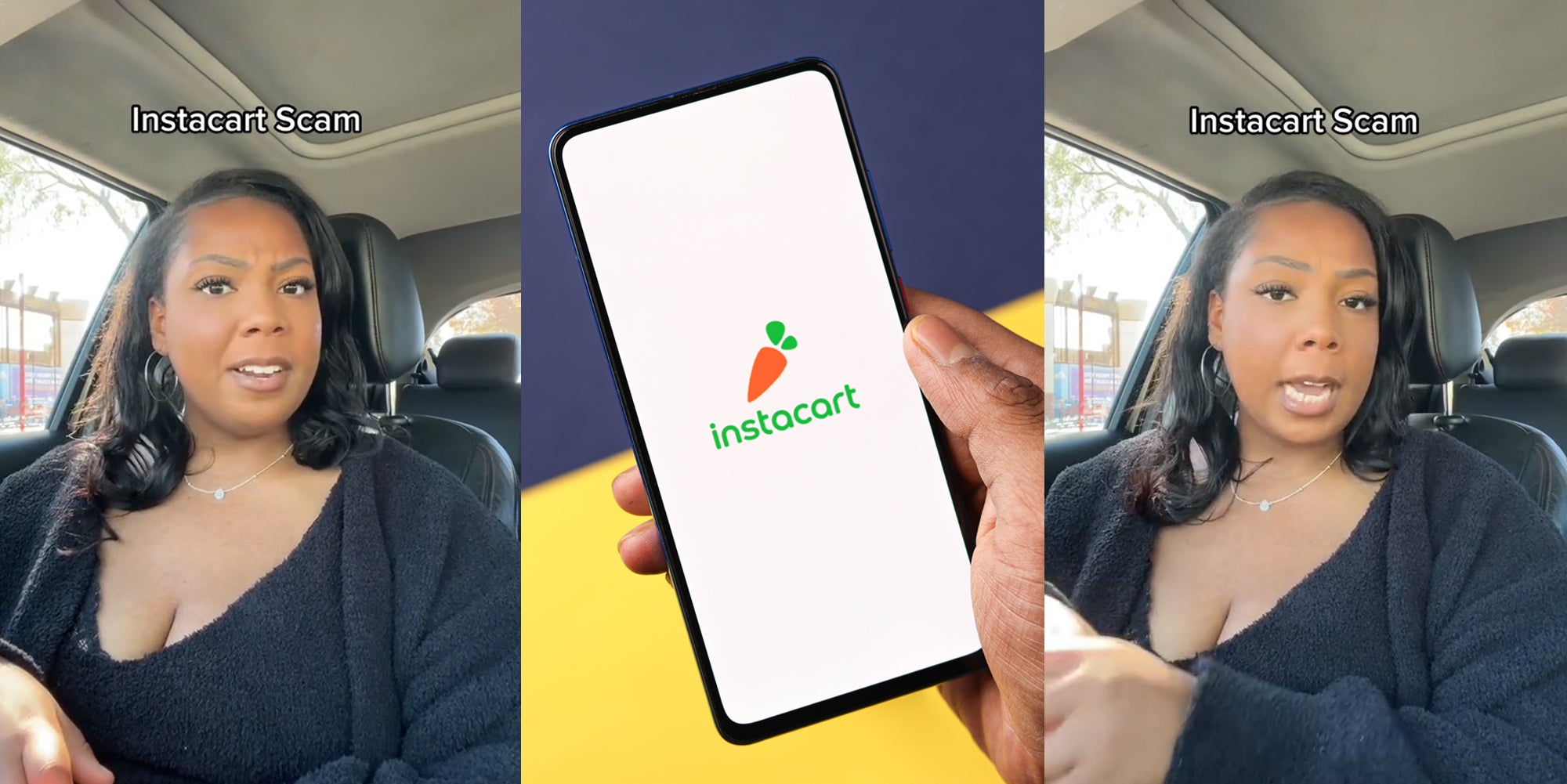 Woman speaking in car caption "Instacart Scam" (l) Instacart on phone in hand in front of purple to yellow diagonal split background (c) Woman speaking in car caption "Instacart Scam" (r)