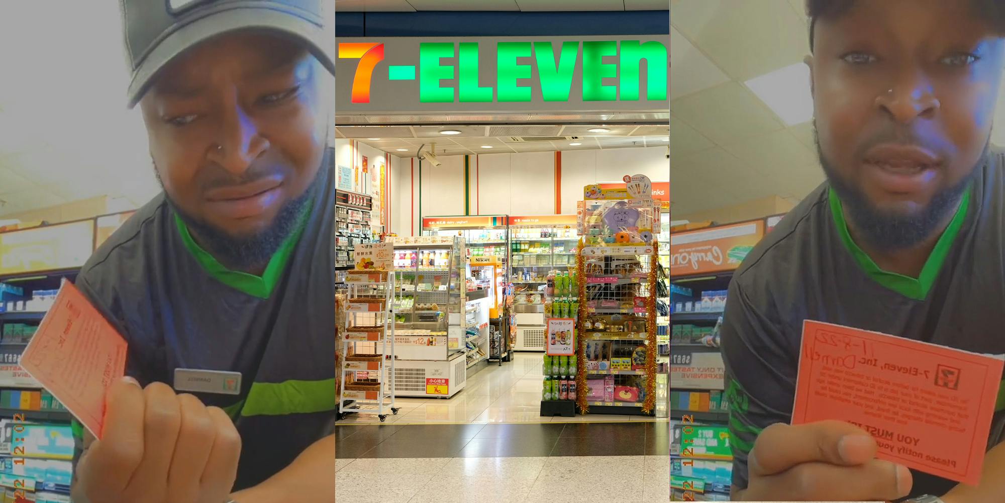7/11 employee holding red card at 7/11 store (l) 7/11 store with sign (c) 7/11 employee holding red card at 7/11 store (r)